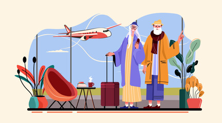 Active seniors traveling airport elderly couple luggage airplane waiting lounge plants modern colorful interior window travel concept