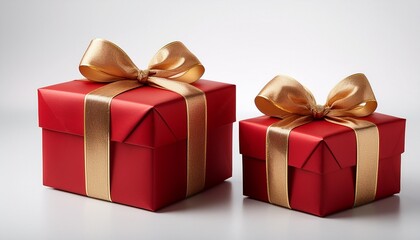 Obraz premium Two Red Gift Boxes With Gold Ribbon Bows On White Background