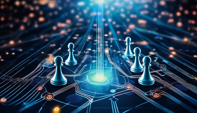 digital game board with peertopeer pathways connecting rival pieces symbolizing the flow of competitive strategies