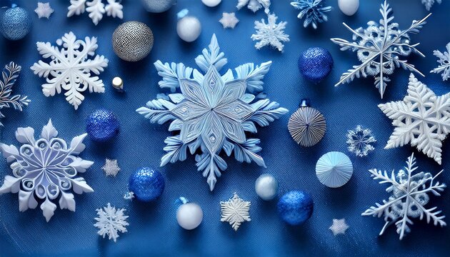 Decoracion Con Papel Copos De Nieve Y Brillos Para Navidad Invierno En Tonos Azul Para Usar Como Fondo