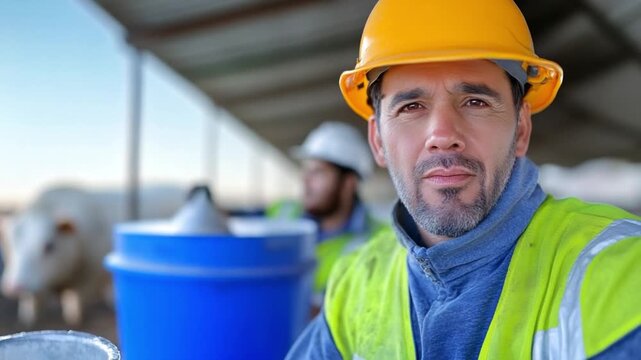 Focused Construction Worker: A determined construction worker, clad in a hardhat and safety vest, gazes intently into the camera, ready for the day's work. Behind him.