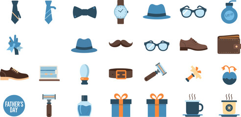 Father’s Day icon set featuring men’s accessories, grooming items, gifts, clothing, coffee, and celebration symbols for holiday greetings in flat vector style © MstGulzan