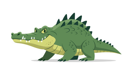 Obraz premium Fierce green crocodile with sharp teeth and spiky scales walks across a plain background in this detailed animal illustration.