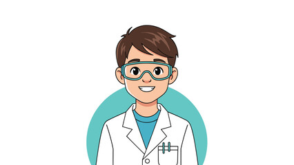 Fototapeta premium Smiling young boy dressed as a scientist or doctor wearing a white lab coat and safety goggles against a light teal circle background.