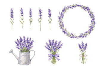ラベンダー素材セット　花束・リース・ナチュラルな水彩イラスト © nona