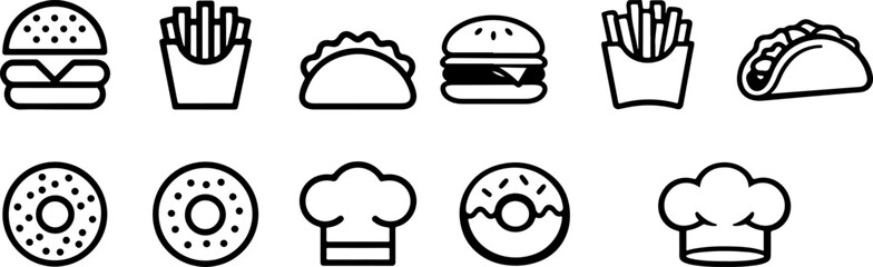 Fototapeta premium Fast Food Outline Icons Set with Burger Fries Taco and Donut