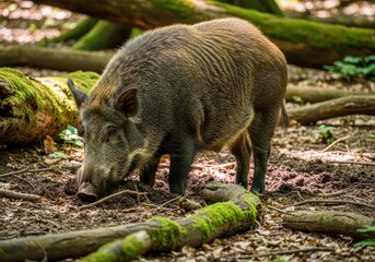 A massive feral hog with thick, dark fur searches for food in the dirt and mud of a dense forest habitat, illustrating survival and wildlife, ecology, untamed, habitat