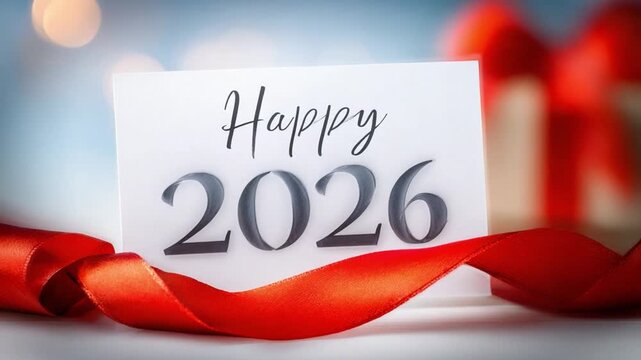 A New Year of Joy: A celebratory card reading Happy 2026, nestled among a cascade of ribbons and soft bokeh lights, evokes a sense of anticipation and optimism for the year ahead. 