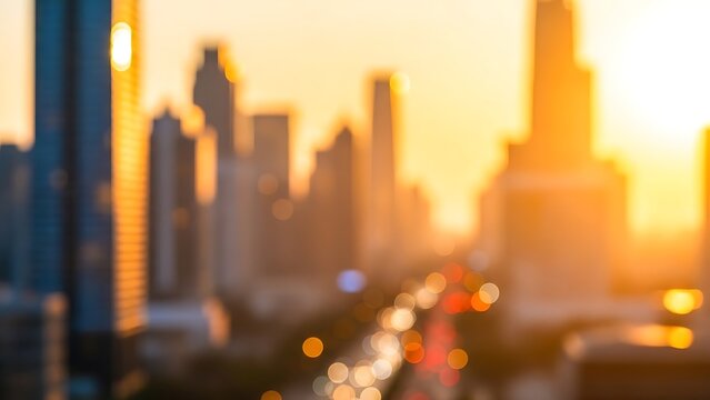Blurred city skyline at sunset with bokeh lights blurry