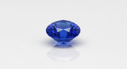 A stunning, perfectly cut faceted blue gemstone sparkling brightly on a pure white surface. The reflection shows brilliant clarity and deep color saturation, polish, refined, expensive