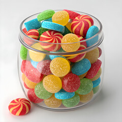 Colorful candies in a glass jar with one candy outside