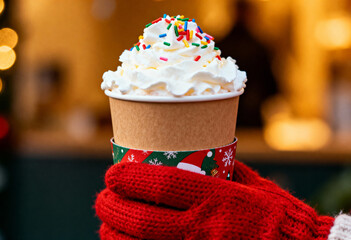 Festive hot chocolate with whipped cream and sprinkles in red gloves