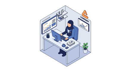 Muslim woman working in a modern office cubicle with charts and graphs on screens, representing business and technology.