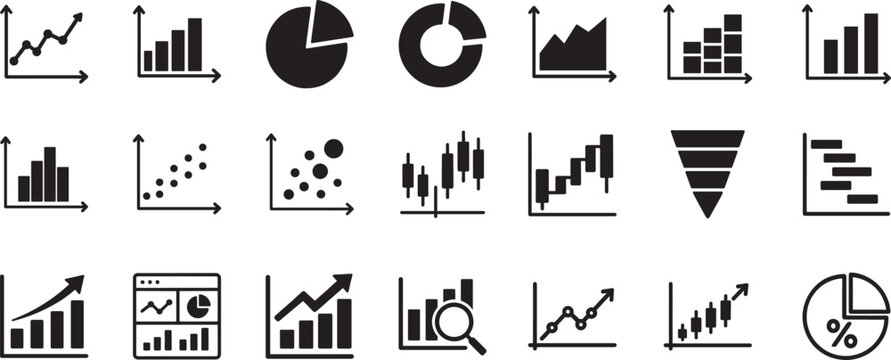 Graph and charts icon set with analytics, statistics, data visualization symbols for business and finance