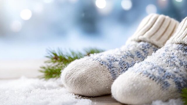 Warm Winter Comfort: A pair of cozy, snow-dusted socks nestled beside a wintry scene, evoking a sense of warmth and holiday cheer.
