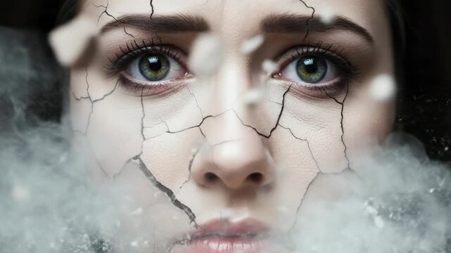 Cracked Face of Woman Shattering into Dust, Symbolizing Fragility, Breakup, and Mental Health