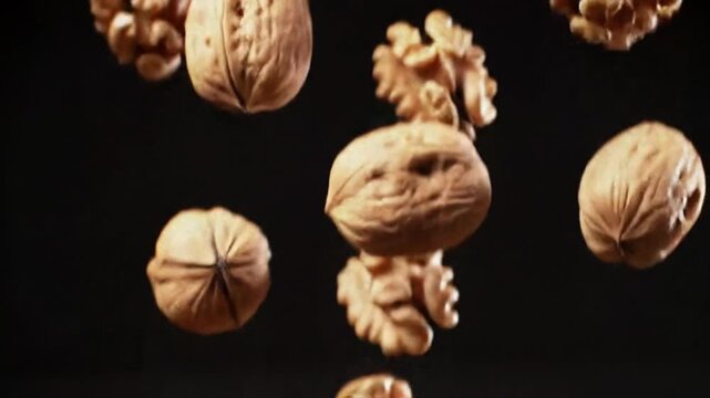 Whole and shelled walnuts tumbling in mid-air against a dark background