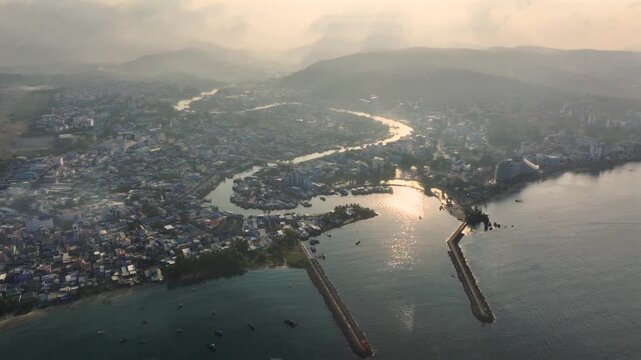 Sunrise in Duong Dong town, Phu Quoc, Vietnam. Aerial view of he central town in south of Phu Quoc Tropical island.
