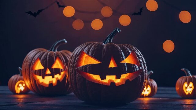 Spooky Halloween pumpkins with glowing faces under full moon