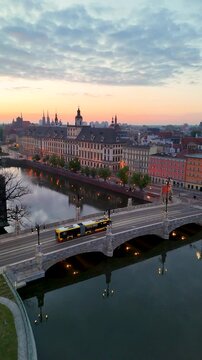 Aerial view of renovated Most Pomorski (Pomeranian Bridge) on sunrise in Wroclaw, Poland