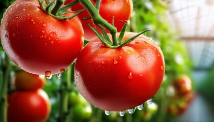 fresh red tomatoes on vine in greenhouse with water droplets