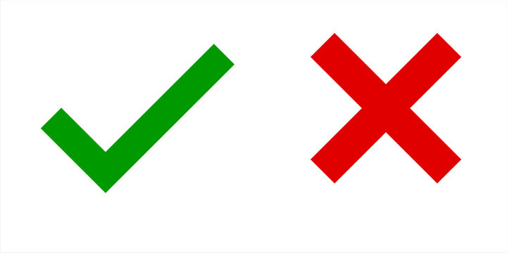 Set of red X and green check mark icons. Cross and tick symbols isolated on white background.