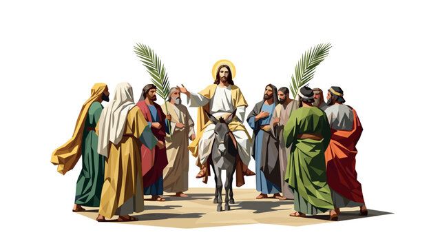 Triumphal entry depiction with jesus on donkey and followers holding palm branches