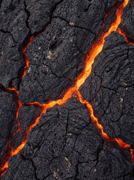 Molten lava flowing through cracked volcanic rock, magma texture background
