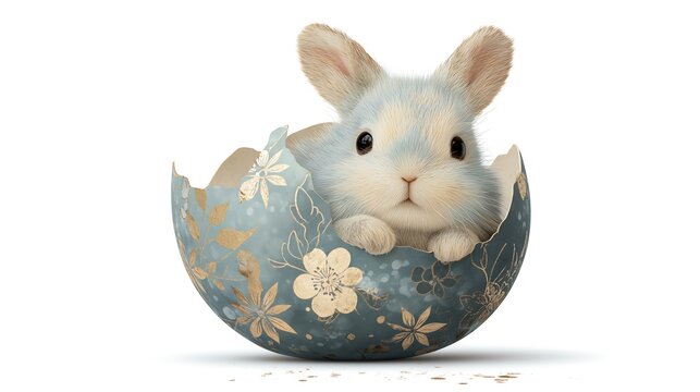 Cute Easter bunny peeking out from a cracked eggshell with golden floral patterns. Soft pastel color palette. Isolated on a pure white background.