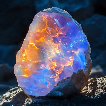 Iridescent crystal treble clef with petals and light trails, pastel background for luxury music art and modern wallpaper