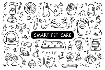 Comprehensive Smart Pet Care Gadgets Collection in Minimalist Doodle Style. Innovative Technology for Modern Animal Health and Automation. Hand Drawn Vector Illustration.