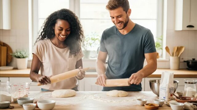 Happy couple baking together in a bright kitchen, rolling dough with smiles.