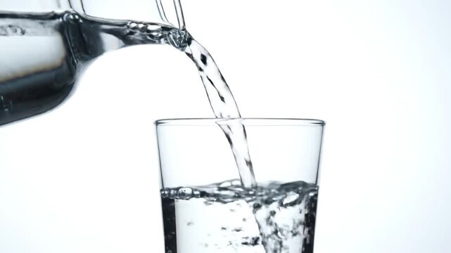 Clear water being poured from a glass pitcher into a drinking glass, creating ripples and bubbles