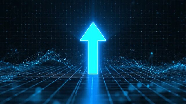 Glowing upward arrow rising on a grid, representing growth, data, and digital connection