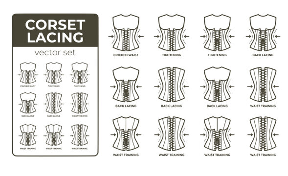 Corset Lacing Cinched-Waist Waist-Cinching Corset-Tightening Back-Lacing Waist-Training Corset-Back Vector Set - Waist Cinching