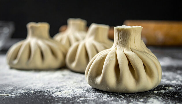 Traditional Georgian khinkali dumplings, uncooked, authentic national cuisine, appetizing and artisanal.