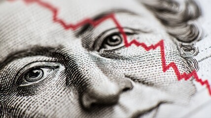 Economic Downturn Depicted by a Red Line Overlaying a Portrait on Currency Symbolizing Financial Crisis