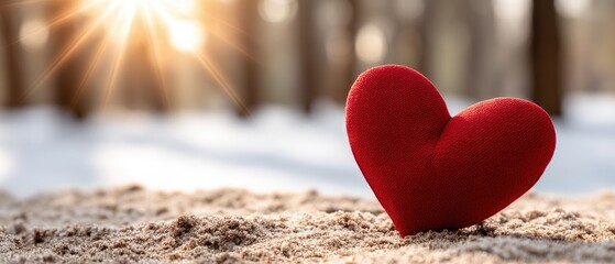Fototapeta premium Red heart figure in snow with sunlight shining in snowy forest setting for Valentine's Day