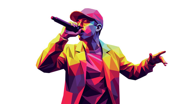 Colorful low poly singer performing on stage with microphone