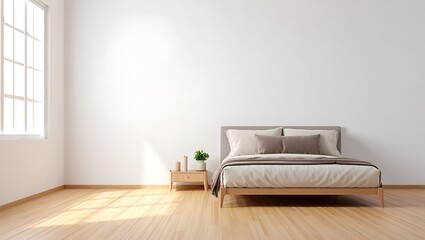 modern minimalist bedroom with bed and nightstand