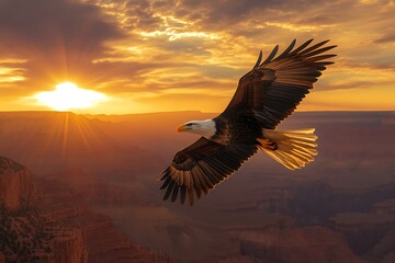 Obraz premium Eagle soaring against a sunset sky over canyon landscape.