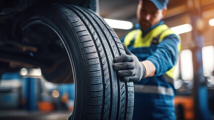 Automotive Technician Inspecting Tire Tread in Garage: Vehicle Maintenance and Safety Check