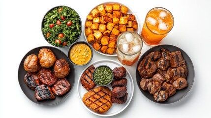 Obraz premium Assorted fried chicken pieces with dipping sauces and side dishes including salad and crispy potato cubes served with beverages on a white background