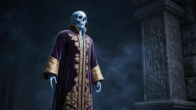 Mysterious Skeleton Sorcerer in Ornate Robe Amidst Ethereal Mist in Ancient Ruins.