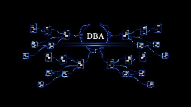 Dynamic D B A Database Administration Concept with Glowing Circuit and Business DBA concept glowing circuit business technology background