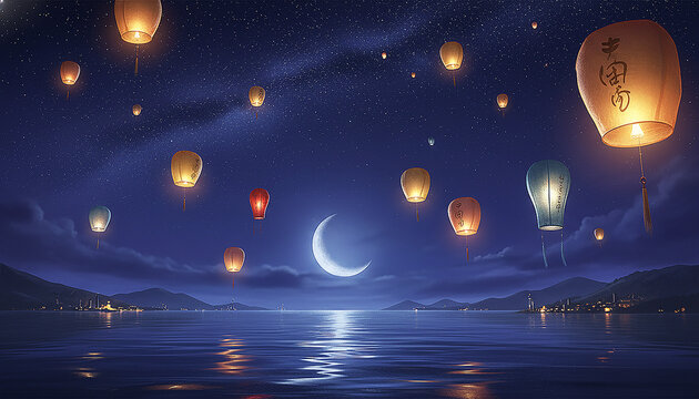 Floating lanterns illuminating the night sky over a serene lake, creating a magical atmosphere. The image captures the essence of tranquility and celebration.