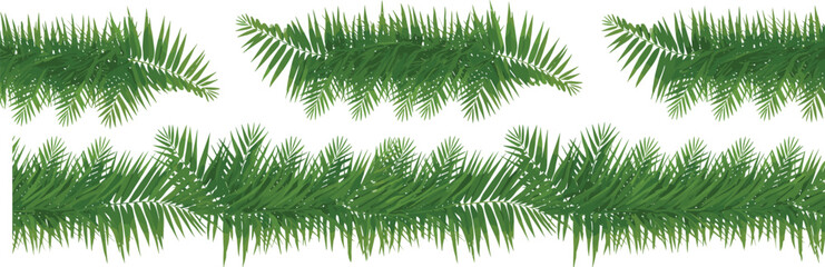 Green palm leaf border seamless pattern, tropical foliage decoration, isolated on white background for summer nature design illustration banner template