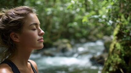 Young woman meditates by a river, finding peace and serenity in nature's beauty and tranquility