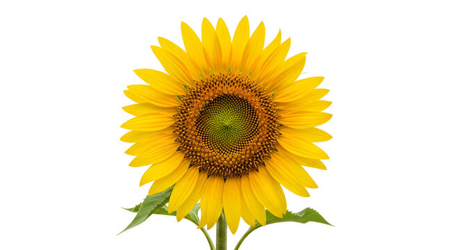 A large yellow sunflower with green leaves on transparent background