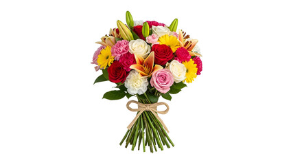 Fototapeta premium A beautiful bouquet of colorful flowers tied with a ribbon on transparent background